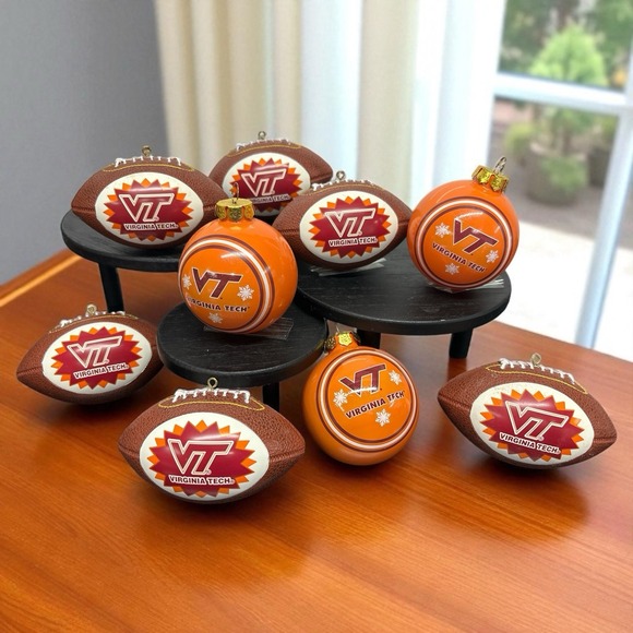 Virginia Tech Hokies Christmas Ornament Lot Glass Balls & Footballs VT Holiday - Picture 1 of 10